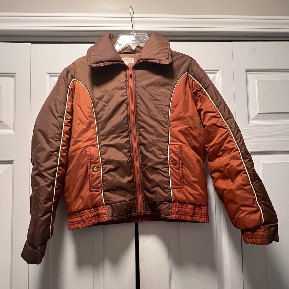 Vintage Brown Rust Orange Colorblock Women's Puffer Ski Jacket Size Large 80s